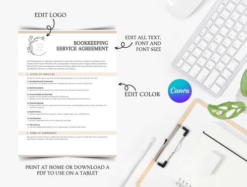 Bookkeeping Service Agreement Template | Accounting Contract PDF | Editable Business Legal Document | Printable Bookkeeping Agreement