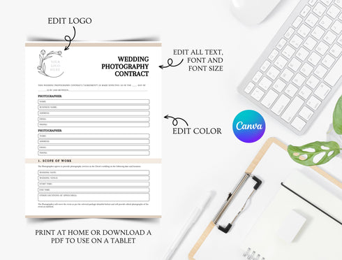 Wedding Photography Contract Template | Editable Photographer Agreement PDF | Client Booking Legal Form | Wedding Vendor Business Document