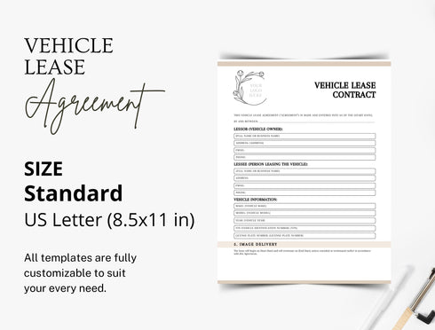 Vehicle Lease Contract Template | Editable Auto Rental Agreement PDF | Car Leasing Legal Contract | Printable Business Form