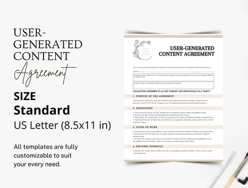 User Generated Content Agreement Template | UGC Creator Influencer Contract PDF | Editable Legal Digital Form | Printable Content Agreement