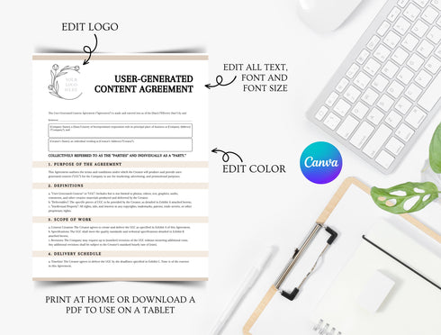User Generated Content Agreement Template | UGC Creator Influencer Contract PDF | Editable Legal Digital Form | Printable Content Agreement