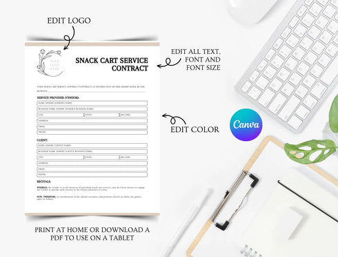 Snack Cart Service Contract Template | Editable Food Vendor Agreement PDF | Event Catering Legal Document | Printable Service Form