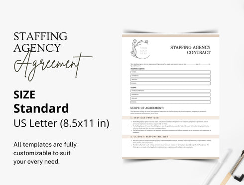 Staffing Agency Contract Template | Recruitment Services Agreement PDF | Editable Employment Legal Document | Printable Staffing Contract