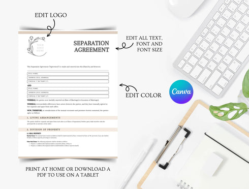 Separation Agreement Template | Editable Legal Separation Contract PDF | Family Law Printable Legal Document | Marriage Separation Form