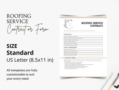Roofing Service Contract Template | Editable Roofing Contractor Agreement PDF | Residential & Commercial Legal Document | Printable Roofing Contract