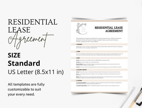 Residential Lease Agreement Template Editable Rental Contract Landlord Tenant Legal Document Printable Form, Rental Contract, Landlord Tenant