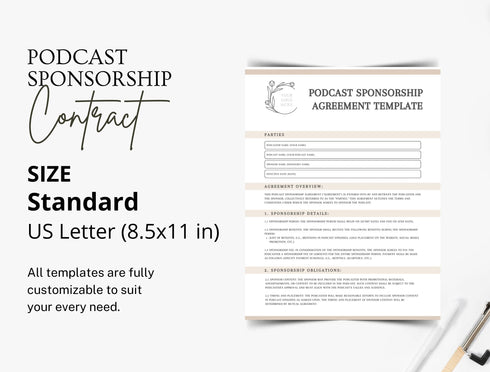 Podcast Sponsorship Agreement Template | Advertising Media Partnership Contract PDF | Editable Sponsor Legal Document | Printable Media Agreement