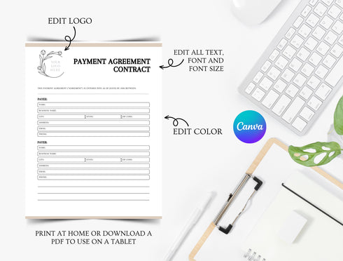 Payment Agreement Contract Template | Installment Plan Agreement PDF | Editable Legal Payment Form | Printable Business Contract
