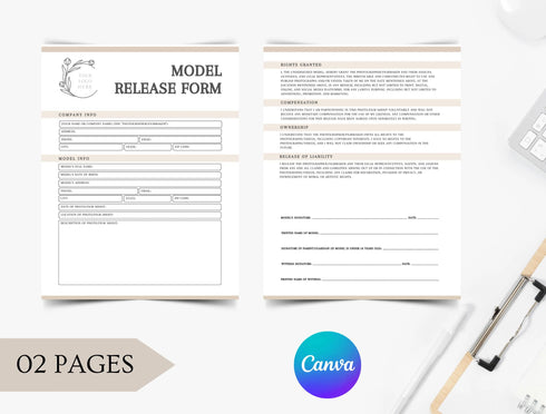 Model Release Form Template | Editable Photography Permission Agreement PDF | Legal Photo Shoot Talent Document | Printable Form