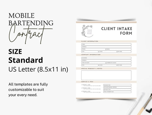 Mobile Bartending Contract Template | Editable Event Beverage Services Agreement PDF | Legal Vendor Business Form | Printable Contract
