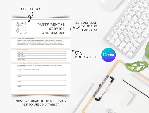 Party Rental Contract Template | Editable Event Equipment Rental Agreement PDF | Legal Printable Form | Party & Event Rental Contract