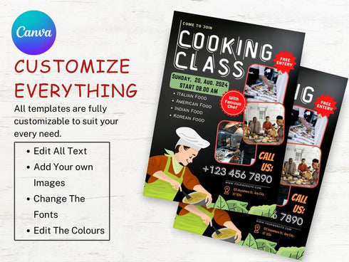 Cooking Class Food Flyer, DIY Canva Cooking Class Flyer Template, Editable Canva Social Media Flyer Template for Cooking Class