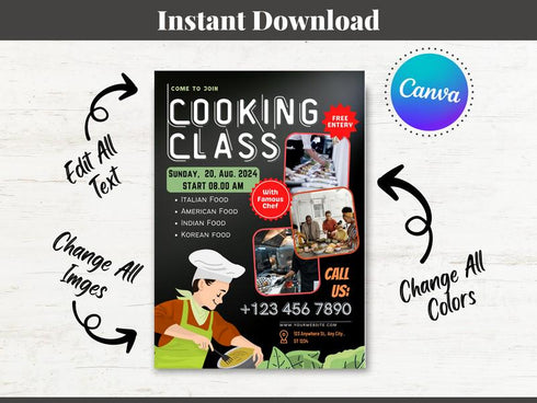 Cooking Class Food Flyer, DIY Canva Cooking Class Flyer Template, Editable Canva Social Media Flyer Template for Cooking Class