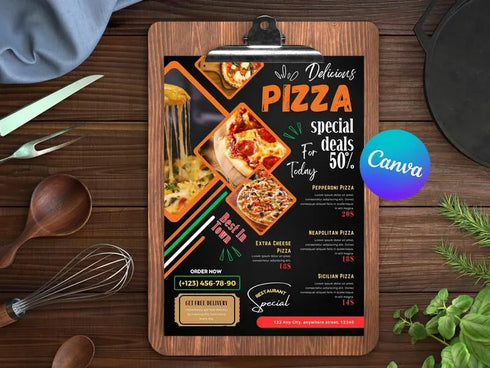 Delicious Pizza Food Flyer Template, Delicious Pizza Flyer, DIY Canva Pizza Flyer, Editable Canva US Letter Size Template for Pizza Flyer