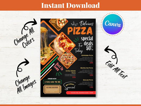 Delicious Pizza Food Flyer Template, Delicious Pizza Flyer, DIY Canva Pizza Flyer, Editable Canva US Letter Size Template for Pizza Flyer