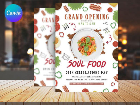 Editable Grand Opening Flyer, Food Flyer Template, Soul Food Flyer, Grand Opening Flyer, Soul Food Flyer Canva Template