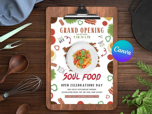 Editable Grand Opening Flyer, Food Flyer Template, Soul Food Flyer, Grand Opening Flyer, Soul Food Flyer Canva Template