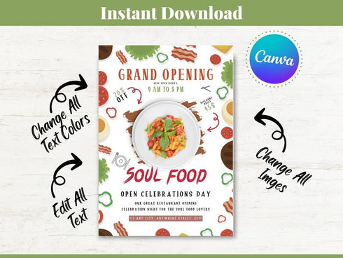 Editable Grand Opening Flyer, Food Flyer Template, Soul Food Flyer, Grand Opening Flyer, Soul Food Flyer Canva Template
