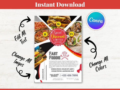 Fast Foodie Flyer Template, Food Menu Flyer Template for Canva, Restaurant Menu, Foodie Poster Design Template, Editable Template