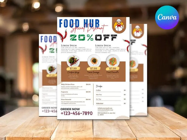Food Hub Special Discount Flyer Template, Restaurant Promotion Flyer, Editable Canva Food Poster, Sale Marketing Design, Instant Download