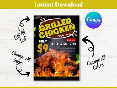 Grilled Chicken Flyer Template, Restaurant Promotion Flyer, Editable Canva Food Poster, BBQ Chicken Menu Design, Instant Download