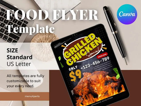 Grilled Chicken Flyer Template, Restaurant Promotion Flyer, Editable Canva Food Poster, BBQ Chicken Menu Design, Instant Download