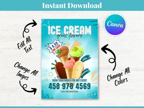 Ice Cream Flyer Template, Dessert Shop Promotion Flyer, Editable Canva Food Poster, Ice Cream Menu Design, Instant Download