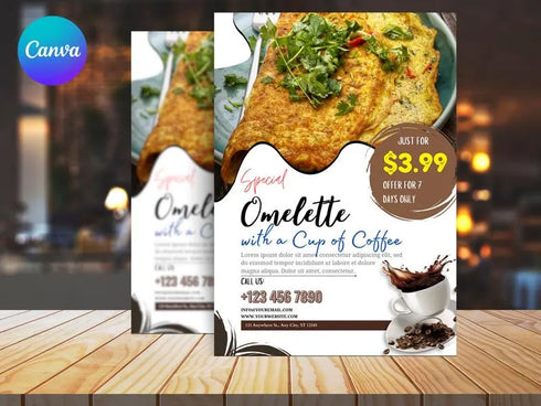 Omelette with Coffee Flyer Template, Breakfast Restaurant Promotion Flyer, Editable Canva Food Poster, Cafe Menu Design, Instant Download