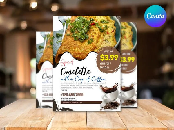 Omelette with Coffee Flyer Template, Breakfast Restaurant Promotion Flyer, Editable Canva Food Poster, Cafe Menu Design, Instant Download