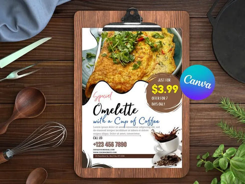 Omelette with Coffee Flyer Template, Breakfast Restaurant Promotion Flyer, Editable Canva Food Poster, Cafe Menu Design, Instant Download