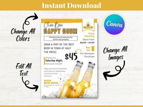 Happy Hour Flyer Template, Bar & Restaurant Drink Specials Promo, Editable Canva Flyer, Digital Download