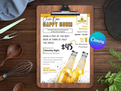 Happy Hour Flyer Template, Bar & Restaurant Drink Specials Promo, Editable Canva Flyer, Digital Download