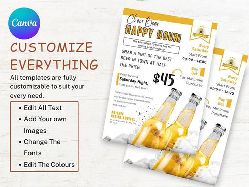Happy Hour Flyer Template, Bar & Restaurant Drink Specials Promo, Editable Canva Flyer, Digital Download