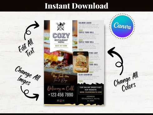 Cozy Restaurant Flyer Template, Editable Cafe Bistro Menu Flyer, Restaurant Food Promotion Poster, Canva Marketing Template Instant Download