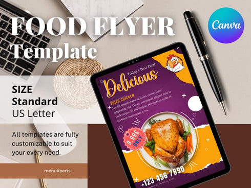 Delicious Fried Chicken Flyer Template, Editable Fast Food Poster, Chicken Menu Flyer, Canva Restaurant Marketing, Instant Download