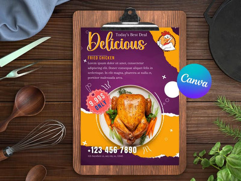Delicious Fried Chicken Flyer Template, Editable Fast Food Poster, Chicken Menu Flyer, Canva Restaurant Marketing, Instant Download