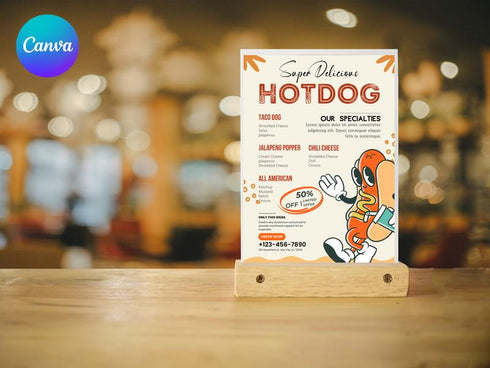 Delicious Hotdog Flyer Template, Editable Fast Food Poster, Hot Dog Menu Promotion Flyer, Canva Restaurant Marketing, Instant Download