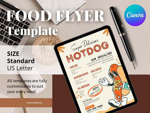 Delicious Hotdog Flyer Template, Editable Fast Food Poster, Hot Dog Menu Promotion Flyer, Canva Restaurant Marketing, Instant Download