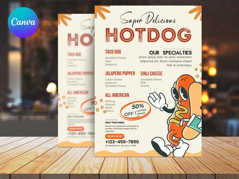 Delicious Hotdog Flyer Template, Editable Fast Food Poster, Hot Dog Menu Promotion Flyer, Canva Restaurant Marketing, Instant Download