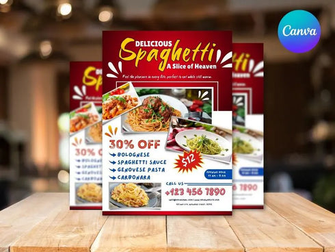 Delicious Spaghetti Flyer Template, Editable Italian Food Poster, Pasta Menu Flyer, Spaghetti Restaurant Promotion, Canva Food Template