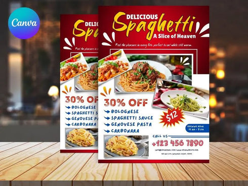 Delicious Spaghetti Flyer Template, Editable Italian Food Poster, Pasta Menu Flyer, Spaghetti Restaurant Promotion, Canva Food Template