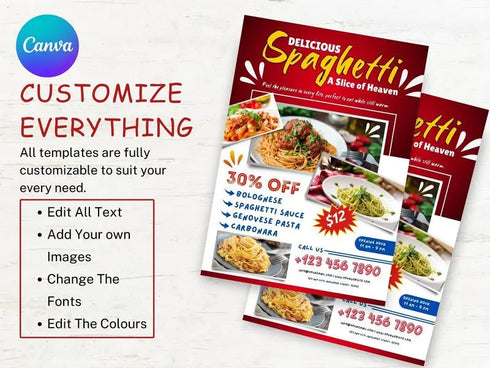 Delicious Spaghetti Flyer Template, Editable Italian Food Poster, Pasta Menu Flyer, Spaghetti Restaurant Promotion, Canva Food Template