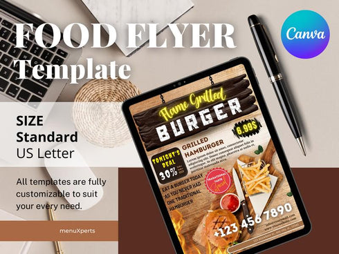 Flame Grilled Burger Flyer Template, Editable Fast Food Poster, Burger Menu Promotion Flyer, Canva Restaurant Marketing, Instant Download