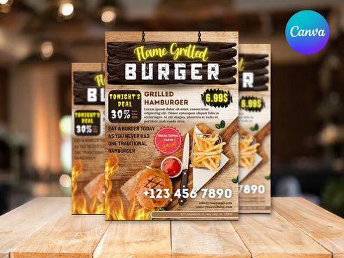Flame Grilled Burger Flyer Template, Editable Fast Food Poster, Burger Menu Promotion Flyer, Canva Restaurant Marketing, Instant Download