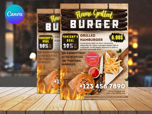 Flame Grilled Burger Flyer Template, Editable Fast Food Poster, Burger Menu Promotion Flyer, Canva Restaurant Marketing, Instant Download