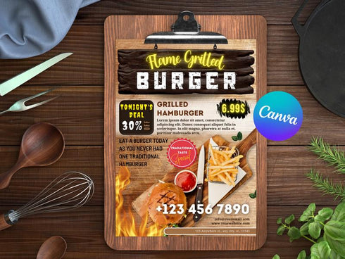 Flame Grilled Burger Flyer Template, Editable Fast Food Poster, Burger Menu Promotion Flyer, Canva Restaurant Marketing, Instant Download