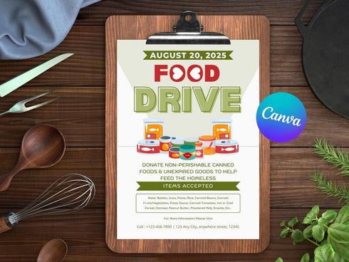 Food Drive Donation Flyer Template | Charity Food Drive Poster | Community Donation Flyer | Editable Canva File