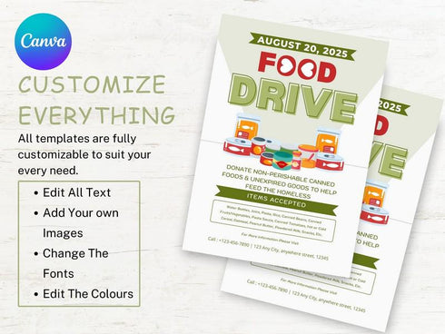 Food Drive Donation Flyer Template | Charity Food Drive Poster | Community Donation Flyer | Editable Canva File