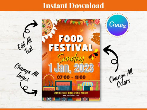 Food Festival Flyer Template, Restaurant Street Food Promotion Flyer, Editable Canva Food Poster, Event Marketing Design, Instant Download