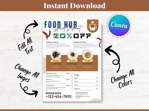 Food Hub Special Discount Flyer Template, Restaurant Promotion Flyer, Editable Canva Food Poster, Sale Marketing Design, Instant Download